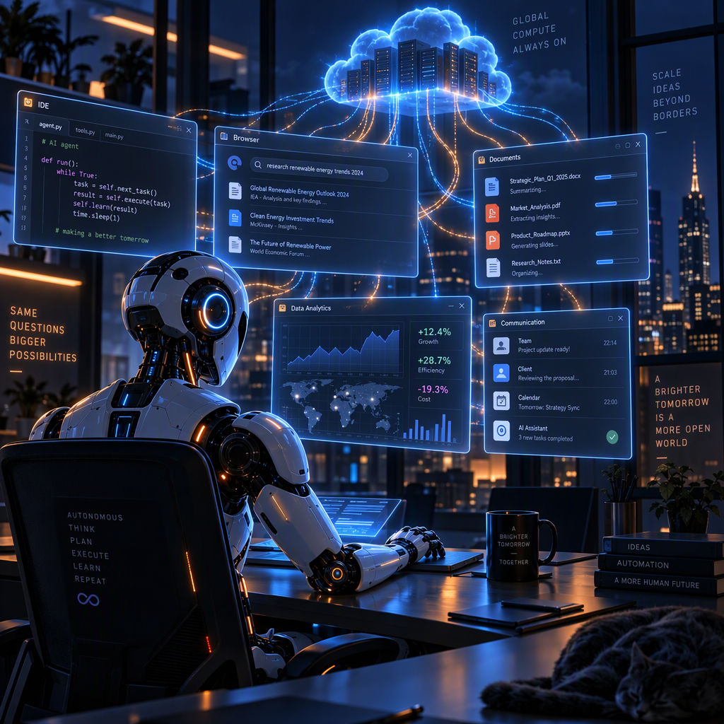 AI智能體在夜間自主工作，連接多個應用程式的概念圖