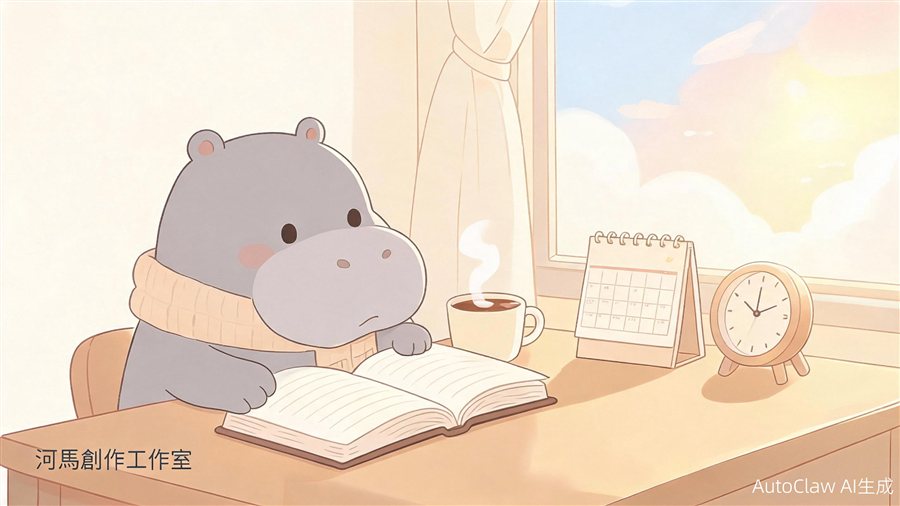 河馬在書桌前翻閱週記回顧